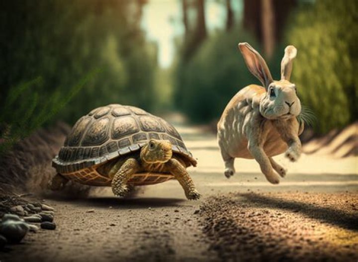 A turtle and rabbit are in a race to see who is the first to reach a point 100 feet away. The turtle